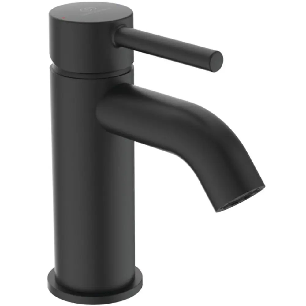 Schwarze Waschtischarmatur von Ideal Standard mit einem gebogenen Auslauf und einem schwenkbaren Hebel. Ideal für moderne Badezimmergestaltungen.